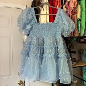 Sister Jane Powder Blue Tulle Mini Dress with Puff Sleeves